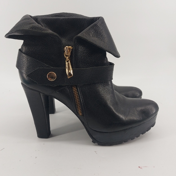 Diane Von Furstenberg Leather Black Heeled Booties Size 7 Moto - Picture 5 of 10